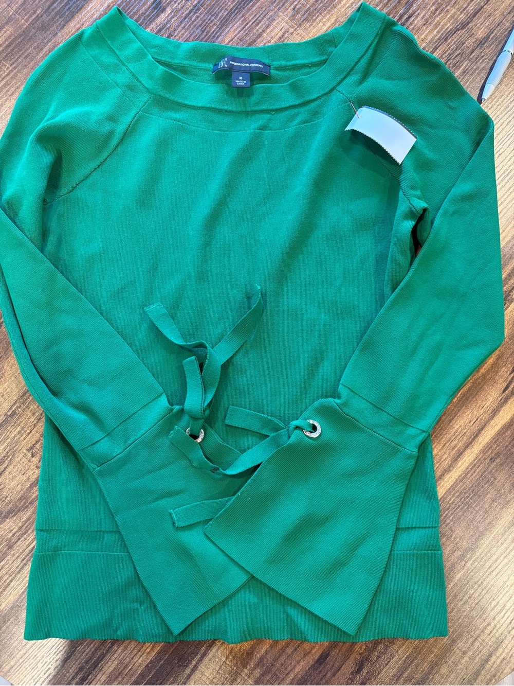 INC International Concepts Green Crewneck Sweater with Tie-Sleeves